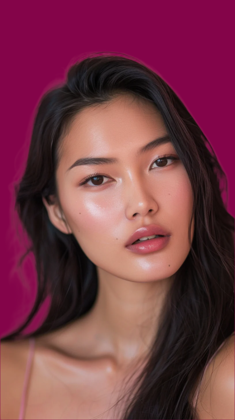 Woman with long dark hair against a pink background